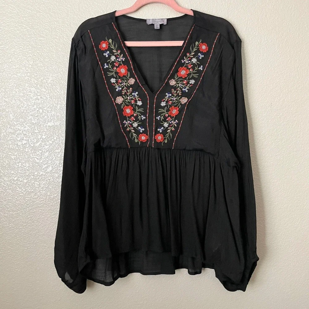 Umgee Top Womens 1XL Black Floral Embroidered Babydoll Blouse Boho Cottagecore - Picture 3 of 12